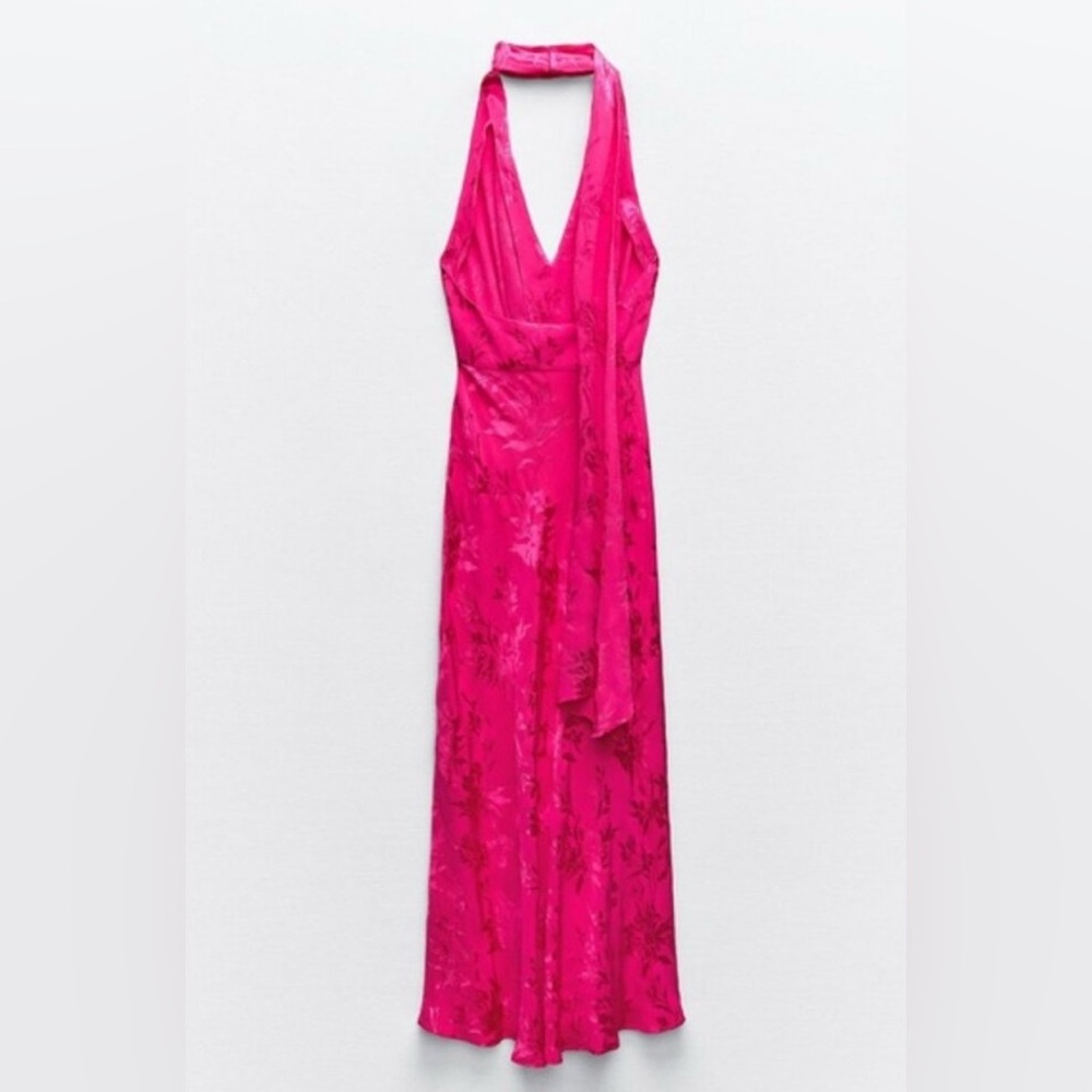 Zara Vibrant Hot Pink Jacquard Bow Summer Halter Maxi Dress (Size Medium) - Picture 10 of 11